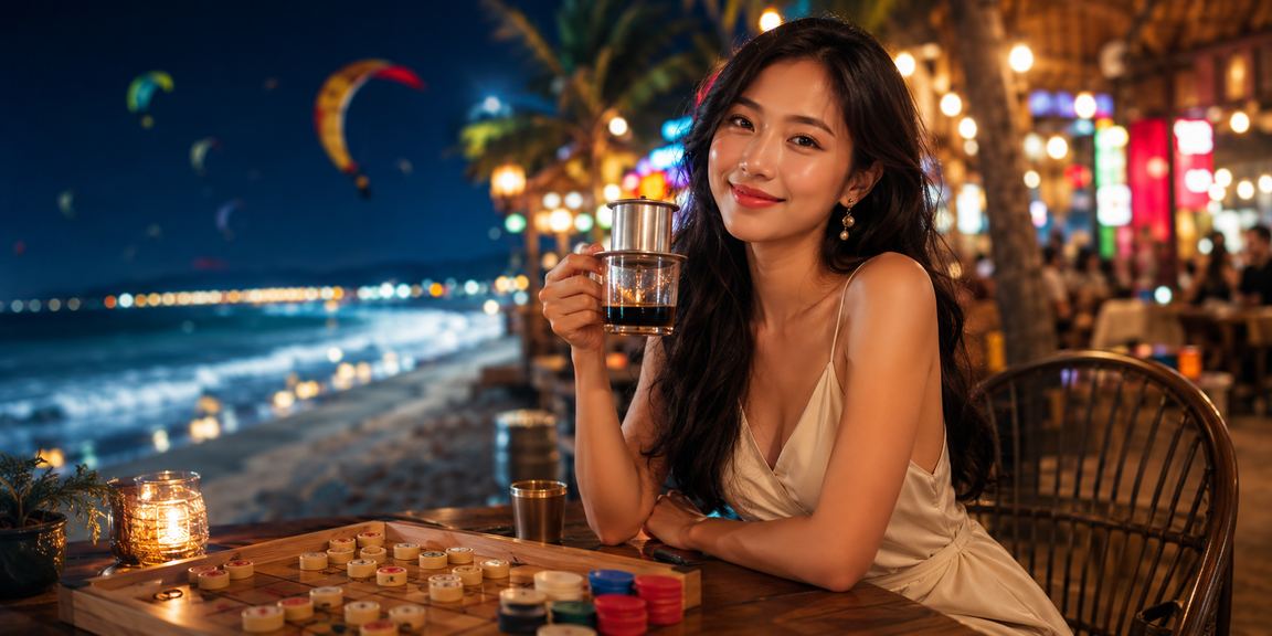 Người dùng xem thông tin cược thể thao tại quán cà phê Mũi Né bên bờ biển buổi chiều